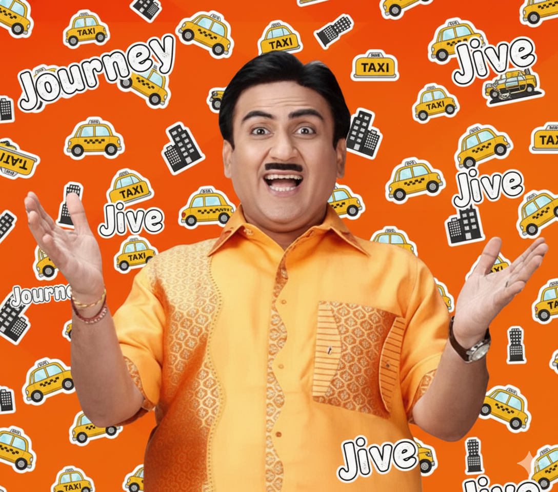 Jethalal in a bright orange Journey Jive taxi-themed illustration